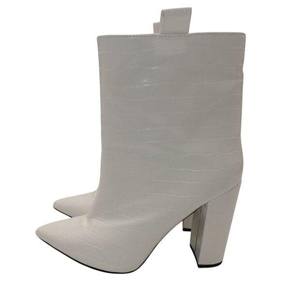White Croc Embossed Ankle Boots Pointed Toe Block Heel Y2K Baddie Boss Babe - Picture 6 of 12
